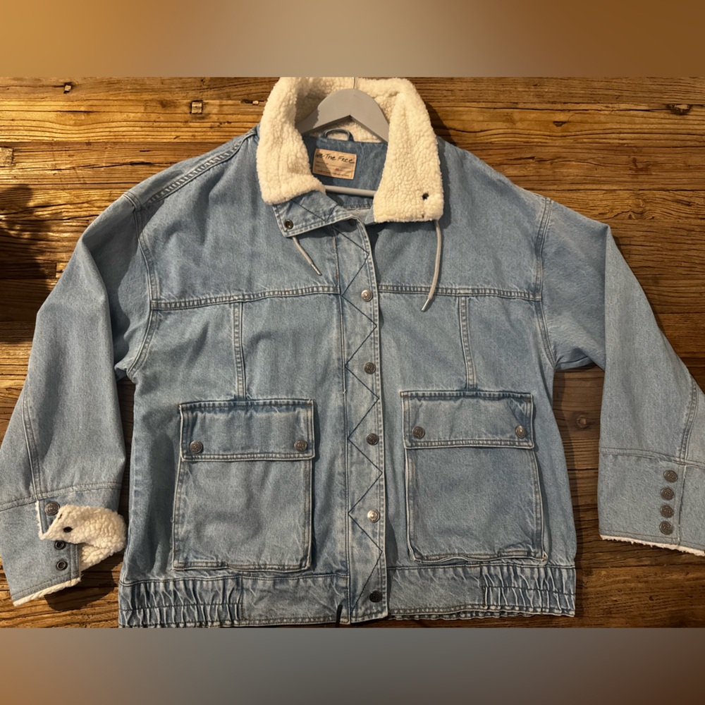 Free People Blue Denim Jacket with Cream Sherpa Collar